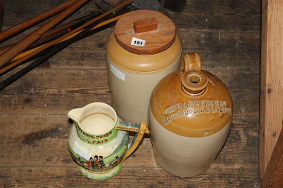 A Crown Devon Widdicombe fair jug and 2 storage jars